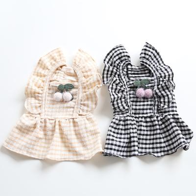 China Stocked New Summer Dog Pet Dress Pet Clothes Clothes Factory Wholesale For 2022 Fashion Lotus Leaf Flying Sleeve Plaid Pets Skirt for sale