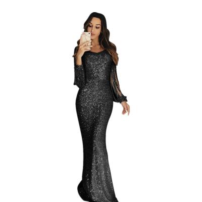 China Breathable Black Elegant Luxury Formal Dress Sweep Train Tassel Long Dress for sale