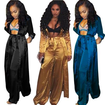 China Anti-pilling Elegant Women's Sets Faux Satin Solid Color Casual Cardigan Long And Flare Pants 2 Piece Sets for sale