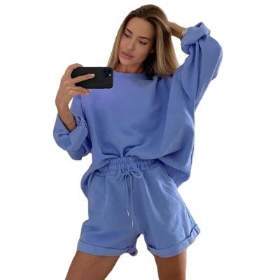 China Autumn 2021 women clothes anti-pilling long sleeve sweatshirt and shorts candy color 2 piece shorts sets for sale