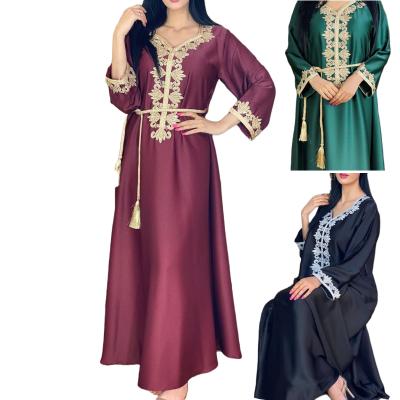 China Muslim Plus Size Dresses Satin Abaya Dubai Plus Size Gold Embroidery Lace Long Dresses Lady Long Sleeve Maxi Dress Dubai Gown Jalabiya Dress for sale