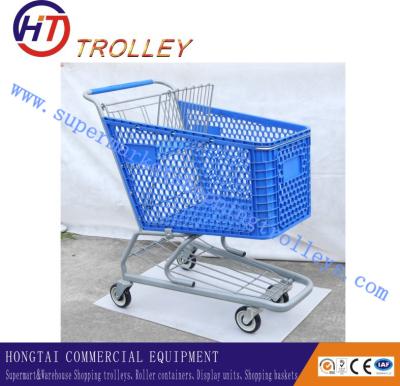 China Blue Color Plastic Supermarket Basket Shopping Cart With Seat Plate 125L for sale