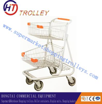 China Double Layer Metal Shopping Trolley , Supermarket Four Wheeled Shopping Cart for sale