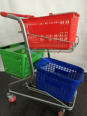 China Supermarket Double Layer Three Basket Shopping Cart with Four Wheels for sale