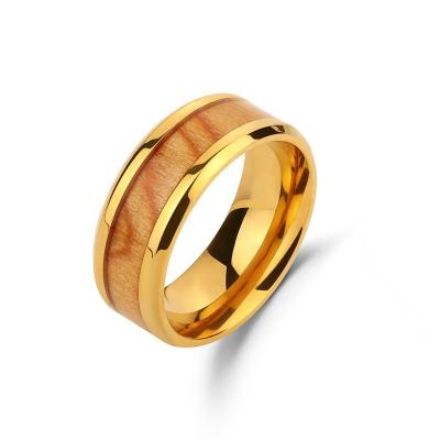 China Retro And Vintage Style Groove Inlaid Carbon Steel Wood Mens Skin Ring for sale