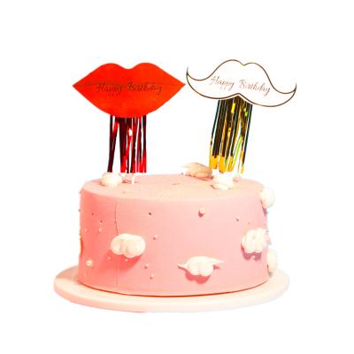 China Creative New Design Cake Decoration English and Spanish Beard Lip Tassel Happy Birthday Paper Cake Topper for Man and Woman for sale