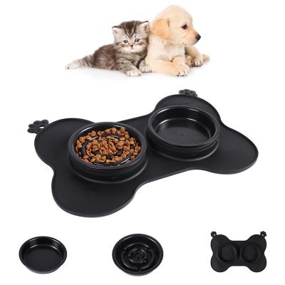 China Slow Food Bverionant Silicone Pet Bowl Detachable Dog Bowl Stainless Steel Dog Food Anti-Clog Detachable Double Bowl and Feeders for sale