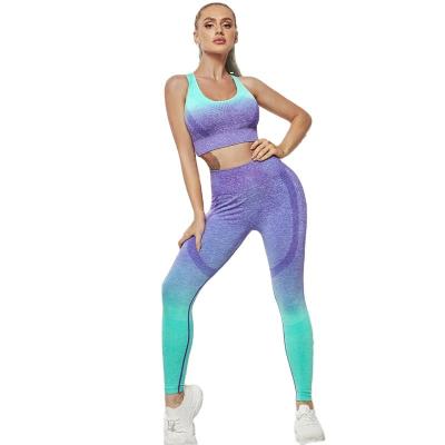 China Breathable Tie-Dye Seamless Two-Piece Gradient Color Yoga Fitness Stretch Two-Way Yoga Set for sale