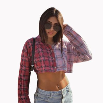 China Women's Anti-Pilling Sleeve Check Plaid Casual Cute Cropped Button Down Long Color Block Shirt Women Crop Blouse Shirt for sale