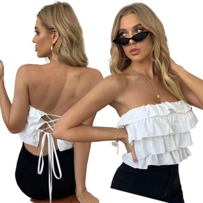 China Anti-wrinkle Women Summer Ruffle Lace Strapless Tiered Back Crop Bandeau Bandeau Top White Layered Top for sale