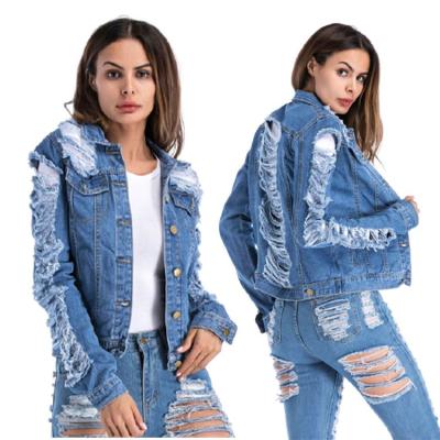 China 2021 Waistline Women Denim Jacket Long Button Front Pockets Drop Shoulder Plus Sleeve Destroyed Hole Ripped Oversized Denim Jean Jacket for sale