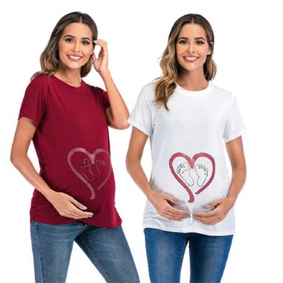 China Amazon Breathable Hot Selling Pregnant Maternity Clothes 2021 Plus Size Cute Love Printed Loose Short Sleeve Pregnancy T-shirt Maternity Tops for sale