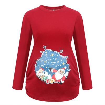 China Christmas Women's Round Neck Sleeve Pregnant Maternity Breathable Clothing Long Ronched Santa Claus Print T-shirt Side Top for sale