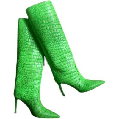 China Fashion Show Anti-Slippery Thigh High Boots Led Toe Sexy Crocodile Leather Thin Heels Kicks Off Women Shoes for sale