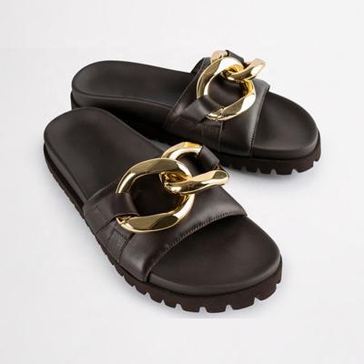 China Fashion Trend 2022 Summer Fashion Sandals Metal Ladies Slippers Leather Flat Sandals Beach Women Shoes Outdoor for sale