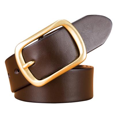 China Men Solid Brass Copper Cowhide Wide Cowhide Genuine Leather Belt for sale