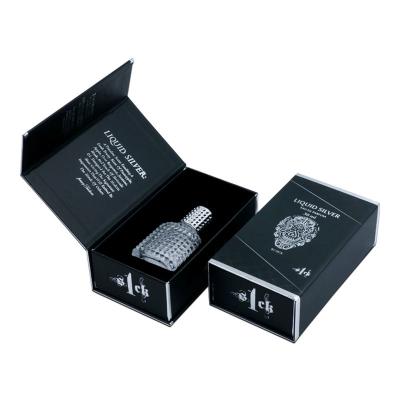 China Custom Recycled Materials Logo Printed Magnetic Black Paper Perfume Packaging Gift Box With EVA Foam Insert for sale