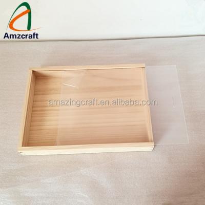 China Wholesale Europe Finger Joint Large Unfinished Wooden USB Boxes, With Transparent Sliding Lid for sale