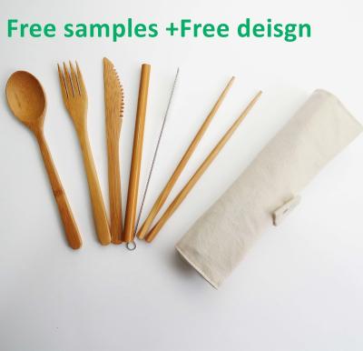 China Sustainable zero waste reusable bamboo cutlery sets includes knife, fork, straw, teaspoon, cleaning brush with a travel bag for sale