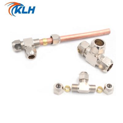 China Material of Construction Shops KKE Pneumatic Fittings T Type 4 Brass Compression Fitting Connector 6 8 10 12 14 16mm OD Tube Compression Ferrule Tube for sale