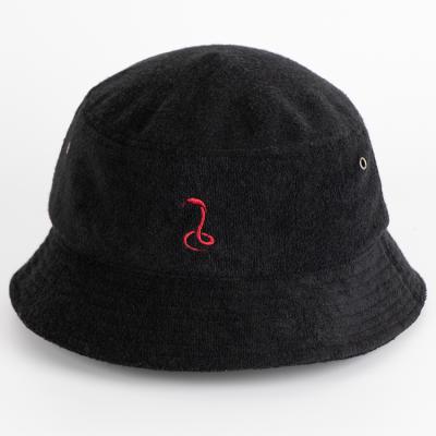 China Black Color Terry Towel Bucket Hat Custom Made Flat Embroidery Gorros Pescador Character 59cm Hot Sale for sale