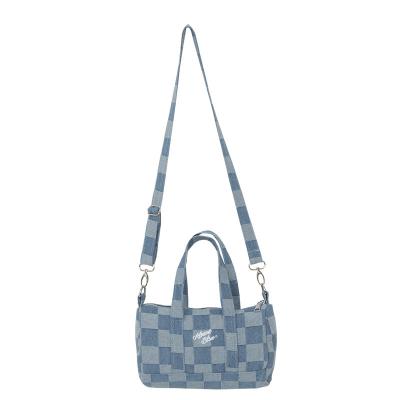 China New Cute Cartoon School Casual Blue Japanese Canvas C.I.S. Denim Checkerboard Boston Bag Canvas Launched Handbag Cylindrical Bear Bag for sale