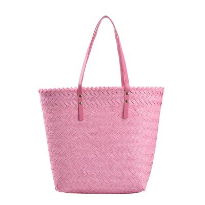 China New 2021 Summer Handbag Fashion Straw Pink Bucket Large Capacity Basket Shoulder Bag PU Female Simple Basic Handle for sale