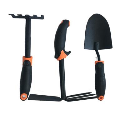 China Garden Tool Kit 3 Piece Cast Iron Cast Iron Harrow Kit Includes Hand Trowel Five-Tooth, and Dual Function Digging Rake with Soft Plastic Handle for sale