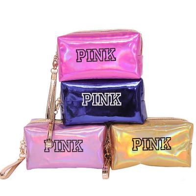 China Wholesale Holographic Cosmetic Travel Makeup Bag Gold Large Capacity Fashion PU Waterproof Logo Bag Large Toiletry Rose for sale