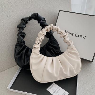 China Other Solid Tote Ruched Wild Female Purse Armpit Bag PU Leather Wrinkled Handle Women's Retro Pleated Cloud Bag Designer Solid Handbags for sale