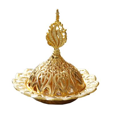 China Chinese Exquisite Arabic Middle East Gold Hollow Incense Diffuser Holder Incense Metal Incense Desktop Censer for sale