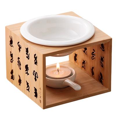 China wholesale bamboo wood ceramic aroma essential oil incense wax melt burner for 12 Chinese zodiac for sale