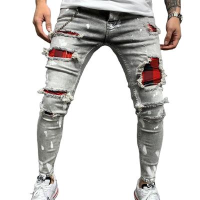 China Stitched Embroidered Grid Stretch Denim Pants Ripped Jeans Skinny Breathable Mens Jeans FITS Elastic Waist Patchwork Denim Jogging Pants for sale