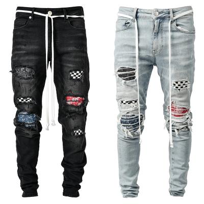 China AUTUMN Winter Men's Breathable Patchwork Ripped Embroidered Stretch Jeans Fashionable Ripped Denim Drawstring Straight Pencil Pants MAN for sale