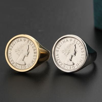 China Vintage 9K 10K 14K 18ct Yellow Gold Au750 Solid White Queen Elizabeth Sixpence Lucky Coin Souvenir Rings Round For Women Men for sale