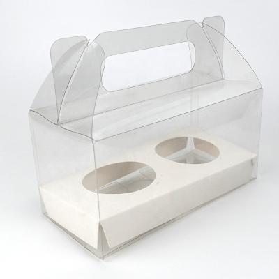 China Recycled Materials 2 Holes Custom Clear High Quality Plastic Cupcake Box Folding Packaging With Handle for sale