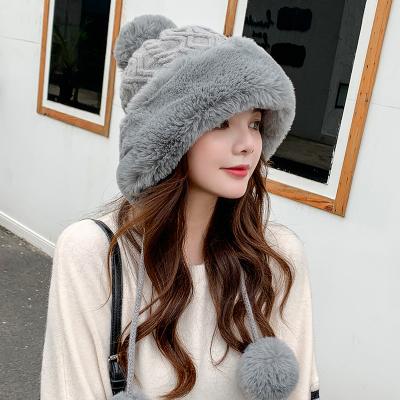 China JOINT Autumn Winter Ladies Cotton Cashmere Sweater Hat Ball Cute Plus Velvet Thickening Warm Pure Color Knitted Hats for sale