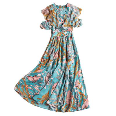 China Anti-static off-the-shoulder chiffon sexy floral dress DR-169 v-neck beach model 2021 summer long dress Bohemian soft temperament for sale