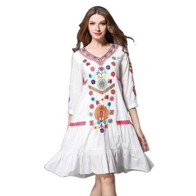 China European fashion women's anti-static summer station new one-line skirt three-quarter sleeve V-neckline embroidered Bohemian dress DR-174 model for sale