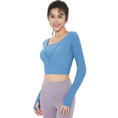 China New Finger QUICK DRY Spring Set Threaded Yoga Clothing Women's Long Sleeve Professional Running Sports Shaping Short Top S-014 for sale