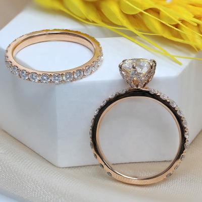 China Trendy Jewelry Rose Gold Plated Custom Made 1ct Moissanite Ring And Paston's Main 2mm Ring Band Gold Engagement Wedding Moissanite Ring Set for sale