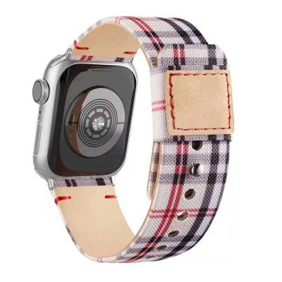 China Custom Logo Adjustable Size Genuine Leather Canvas Watch Strap for Apple Watch Wrist Band 40 44 42 38 mm for sale