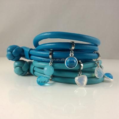 China New fashion turquoise glass bead genuine leather leatherstrand wrap bracelet for sale