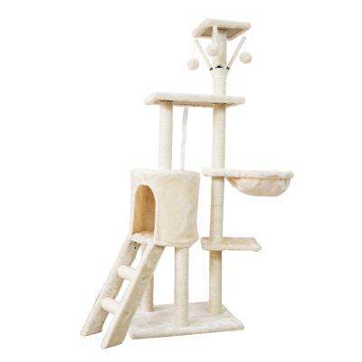 China Sustainable Modern Wood Cat Tree Tower with Multi-Layer Platform Cat Activity Tree with Sisal Rope Striping Posts Cat Condo for sale