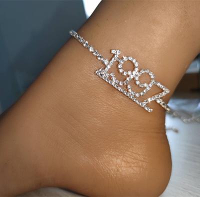 China Faux Ice Stone Bling Bling Custom Durable Tennis Chain Birthday Year Anklet Dangling Women for sale