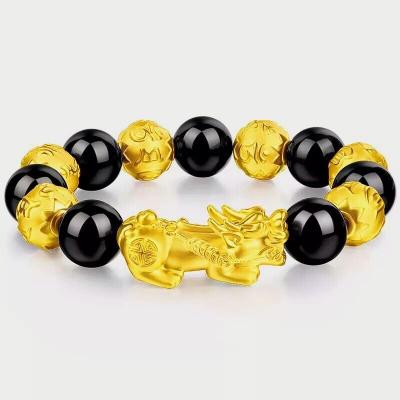 China Real Gold Fengshui Pixiu Bracelet Wealth Good Luck Obsidian Pixiu Bracelet Custom Made Jewelry 999 TREND for sale