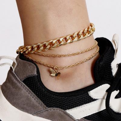 China Waterproof Hypoallergenic Beach Jewelry Hiphop Gold Butterfly Anklets Cuban Link Anklets Multilayer Adjustable Foot Chain for sale