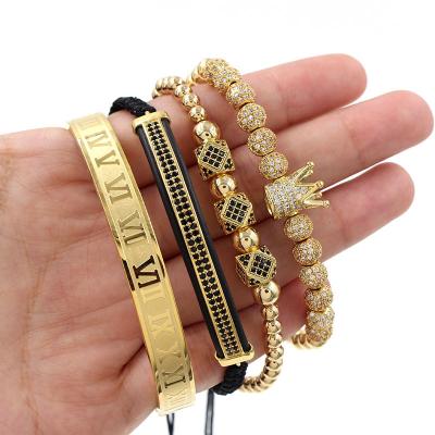 China CLASSIC Luxury Non Tarnish Jewelry Men Gold Bracelet Set Stainless Steel Numbers Engraved Bracelet CZ Paved Braided Crown Macrame Bracelet for sale