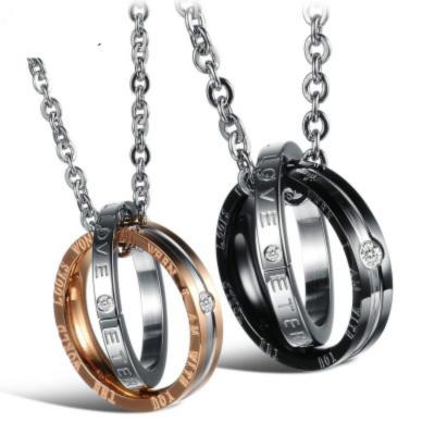 China Kadin FASHIONABLE Kolye Latest Two Rings Stainless Steel Necklace Ladies Necklace Pendant Black Rings With Ring For Couples for sale