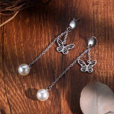 China Punk 2022 new trend new butterfly pearl long earrings for women pearl long line tassel stainless steel earrings women ear party for sale